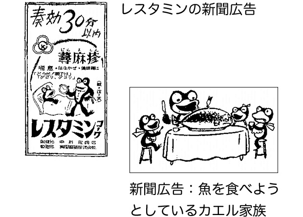 レスタミンノ新聞広告／新聞広告：魚を食べようとしているカエル家族